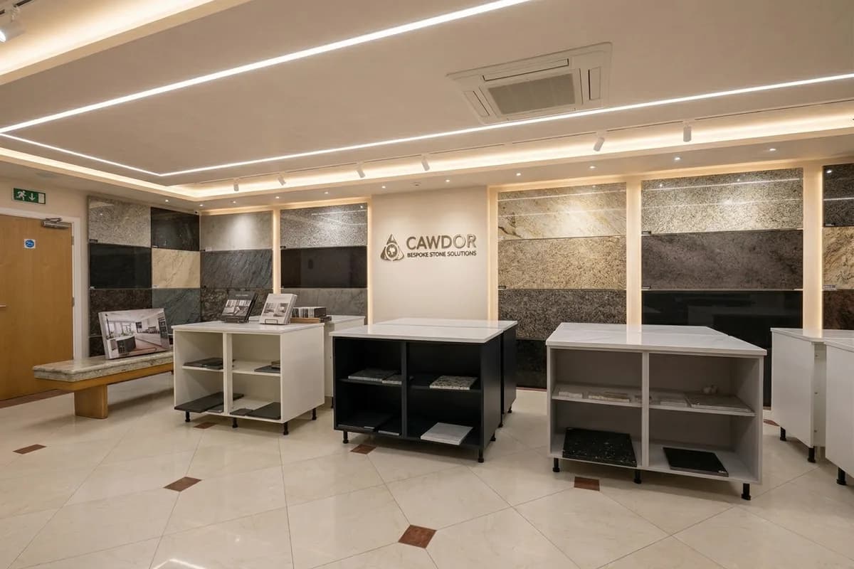 Cawdor Worktops showroom interior with stone samples on display