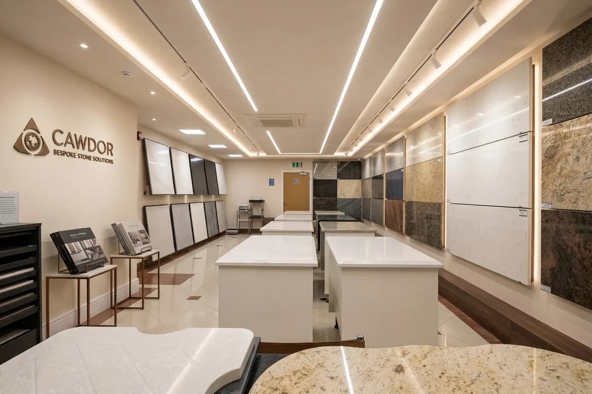 Cawdor Worktops showroom with quartz and sintered stone worktop samples